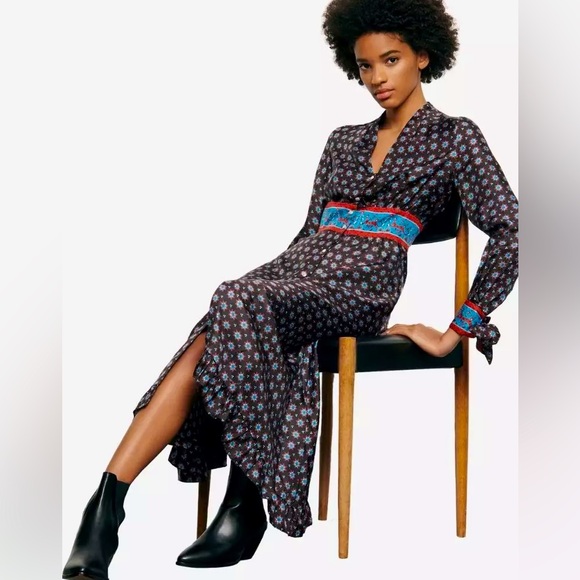 SANDRO Catlyn Printed Silk Midi Dress in Black - Picture 2 of 14